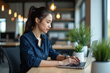 Jeune femme au bureau utilisant un écran tactile