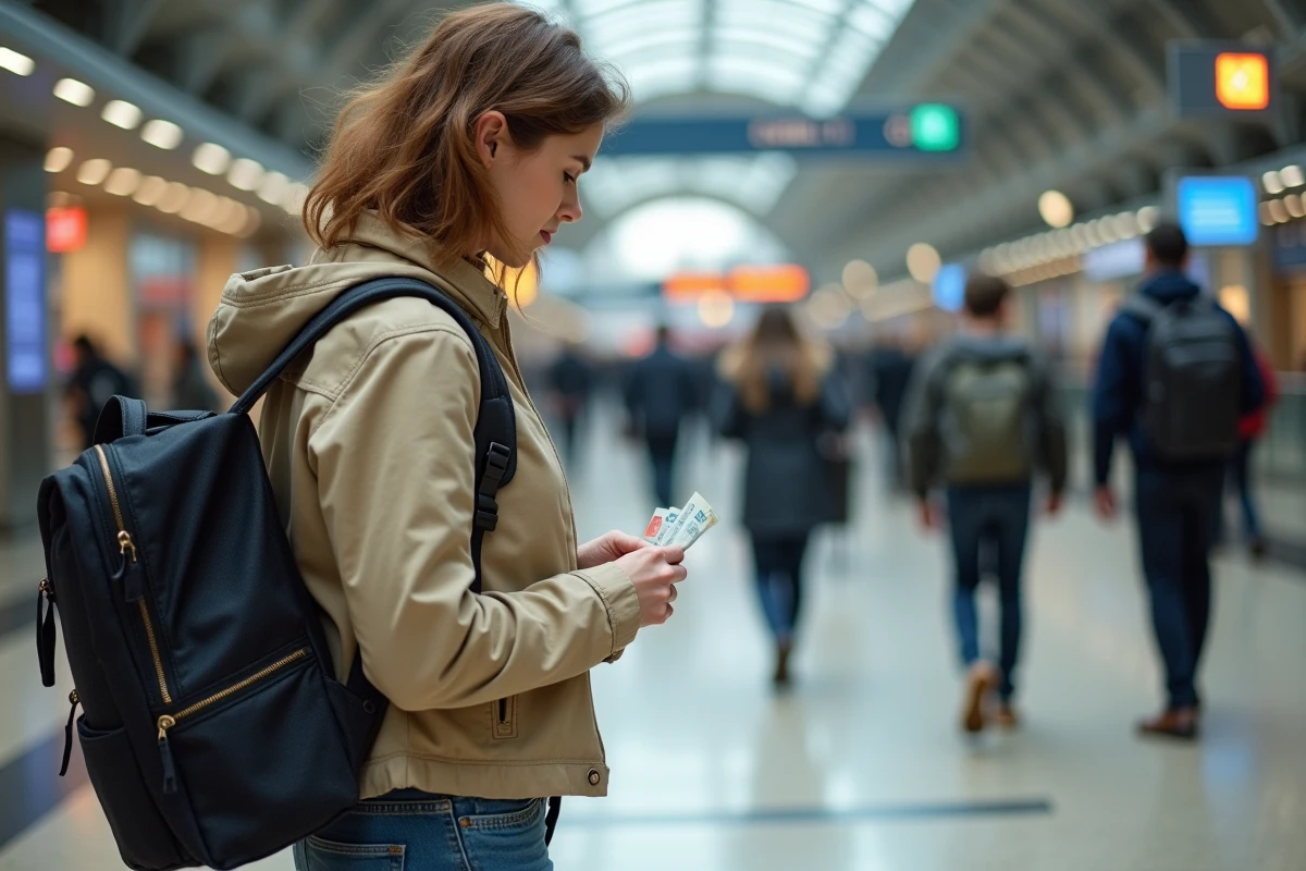 Femme dissimulant des billets dans son sac à la gare