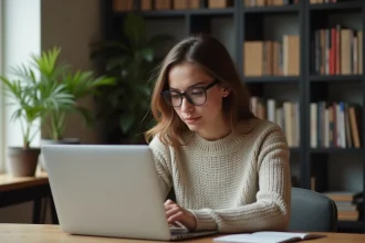 Jeune femme compare tablette dans un bureau cosy