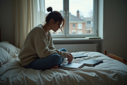 Femme pensant assise sur le lit en chambre calme