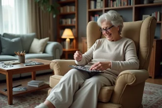 Femme assise en salon en train de faire un puzzle