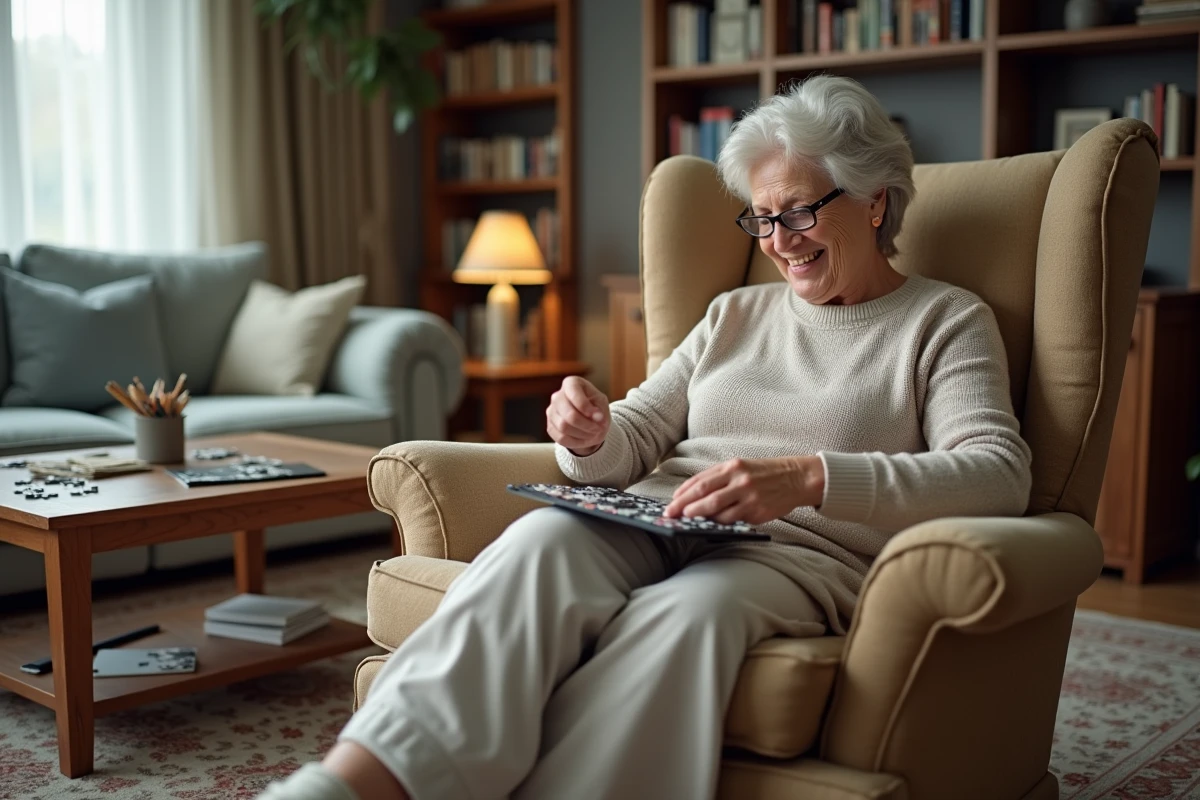 Femme assise en salon en train de faire un puzzle