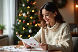 Femme souriante choisissant une carte de Noël dans un intérieur chaleureux
