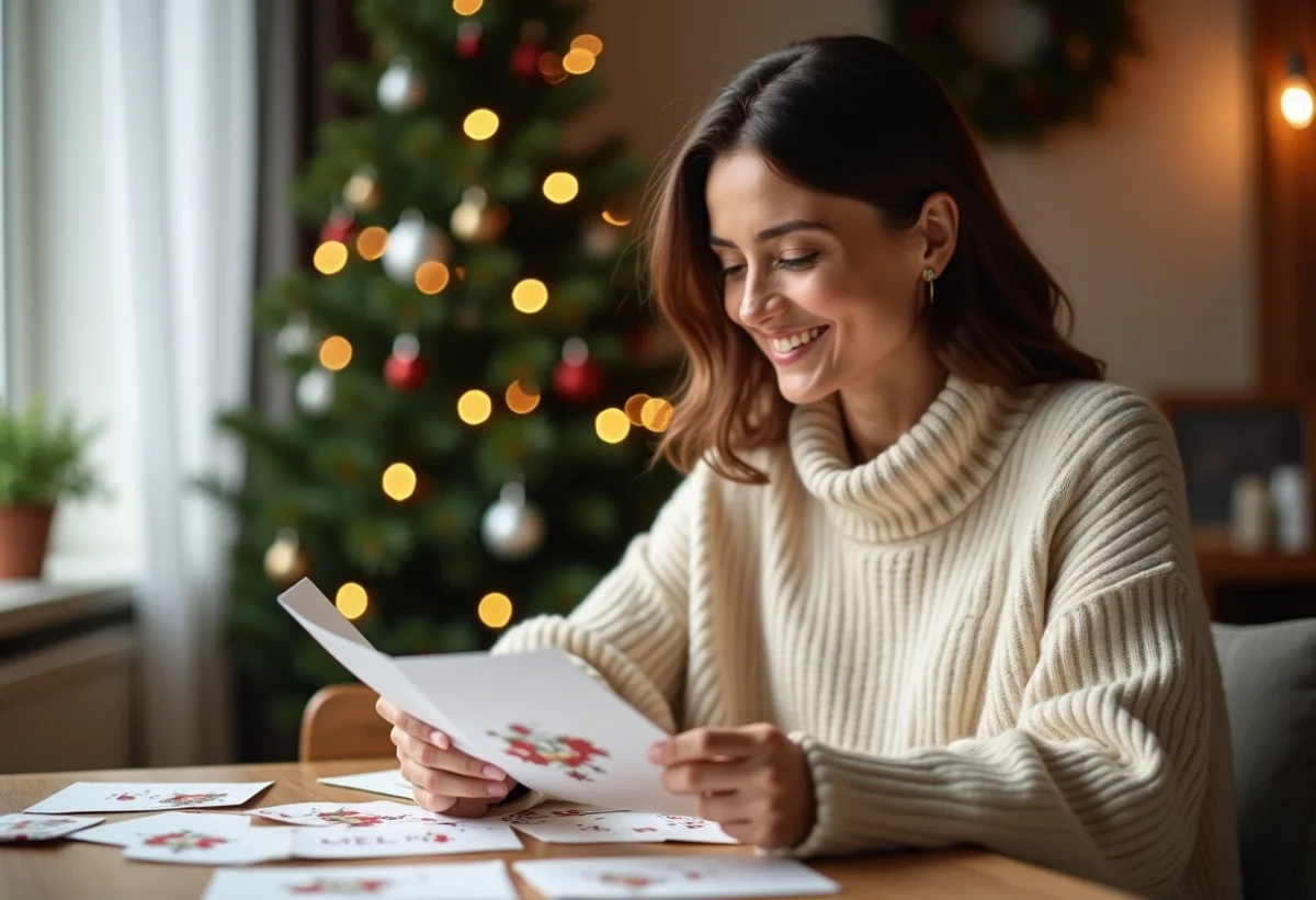 Femme souriante choisissant une carte de Noël dans un intérieur chaleureux