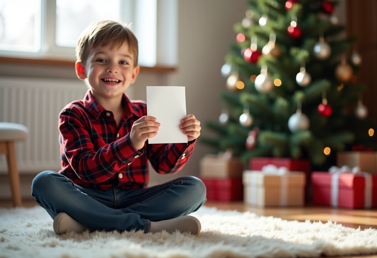 Garçon heureux montrant une carte de Noël dans un salon décoré