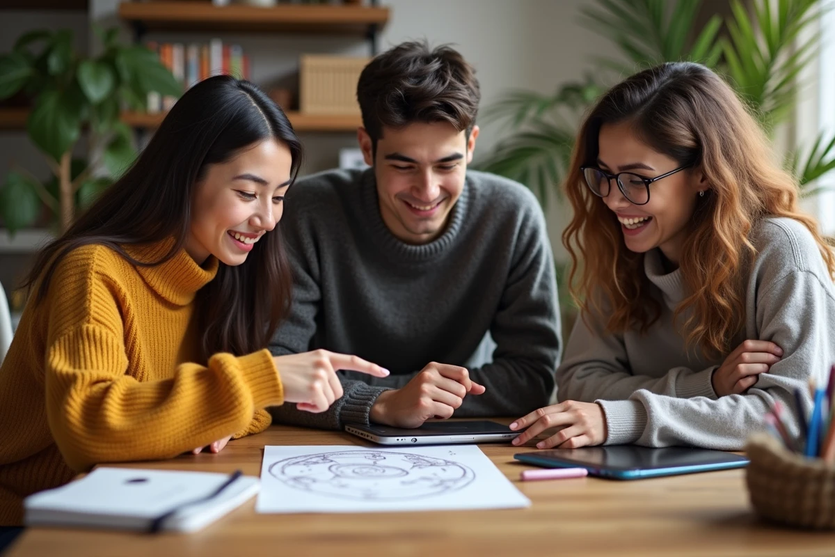 Trois amis discutant stratégie de jeu autour d