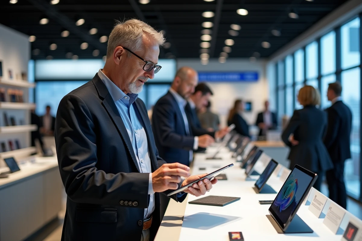Homme d affaires regarde tablettes en magasin moderne