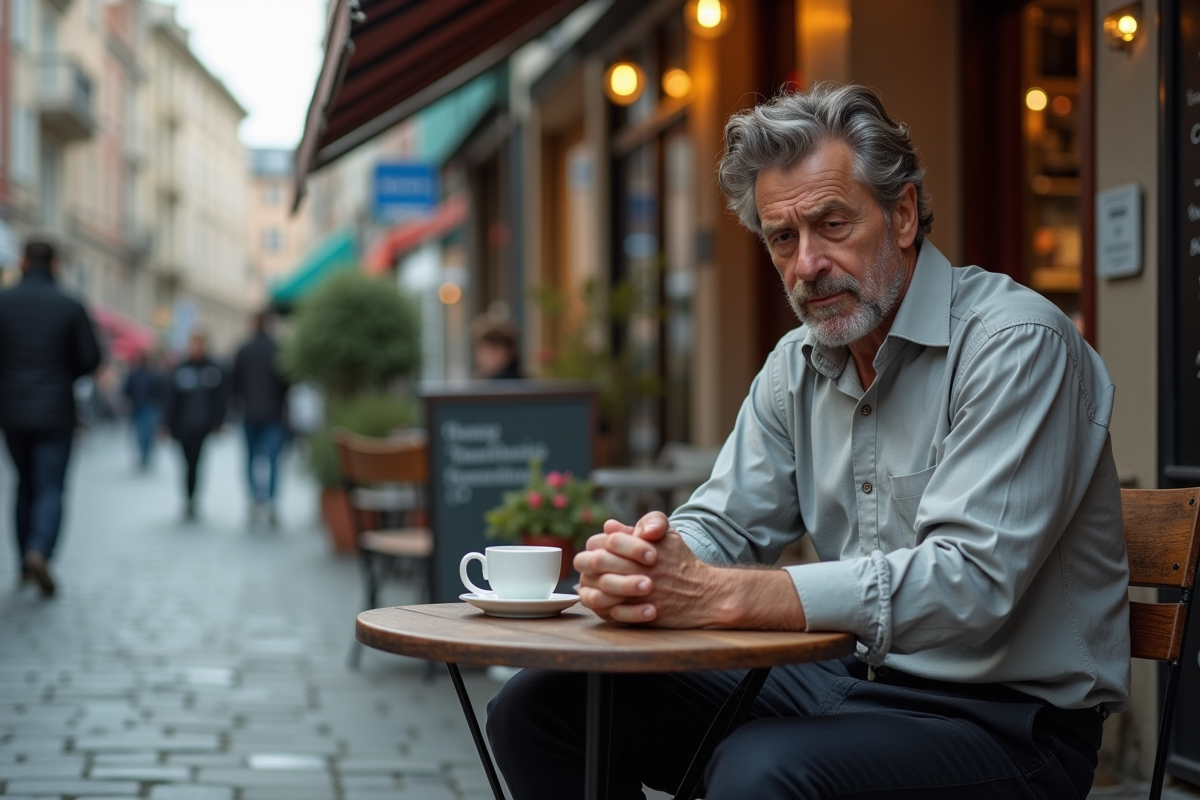Homme seul au café regardant sa tasse de café