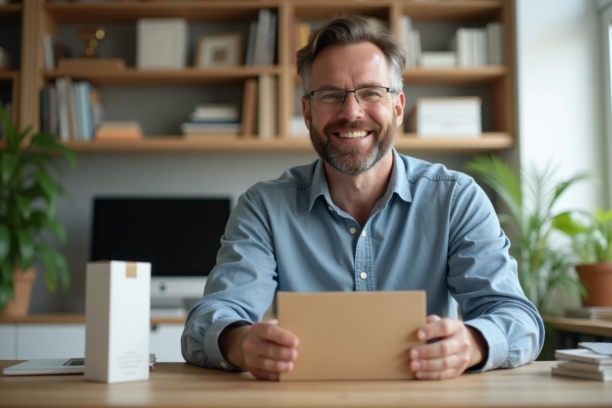Homme souriant déballant un produit dans son bureau