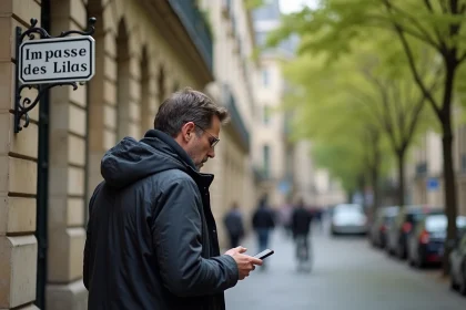 Homme regardant une plaque dans une rue parisienne