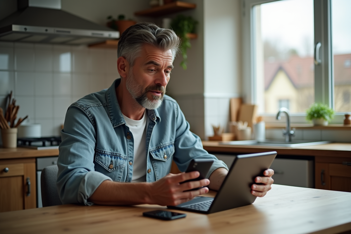 Homme casual utilisant smartphone et tablette à la maison