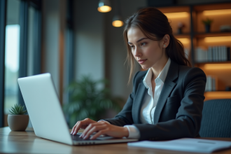 Jeune femme concentrée sur son ordinateur dans un bureau moderne