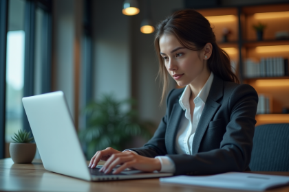 Jeune femme concentrée sur son ordinateur dans un bureau moderne