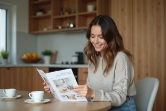 Jeune femme étudiante dans la cuisine avec un guide