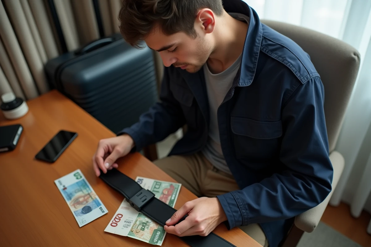 Jeune homme organisant des billets dans une chambre d hotel