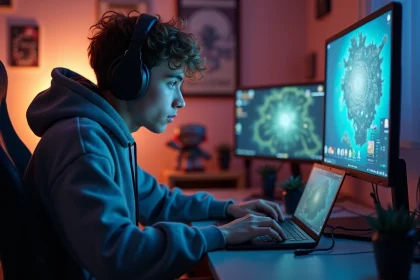 Jeune homme jouant à dofus sur son ordinateur dans sa chambre