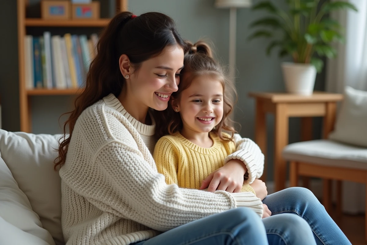 Maman et sa fille souriante dans un salon chaleureux