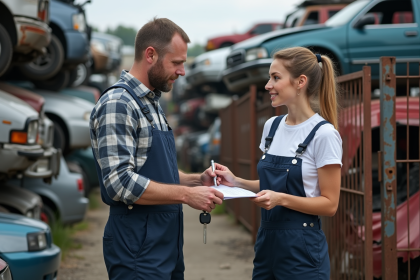 Mécanicien remettant les clés à une femme dans une casse automobile