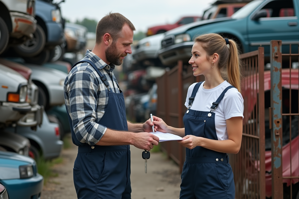 Mécanicien remettant les clés à une femme dans une casse automobile