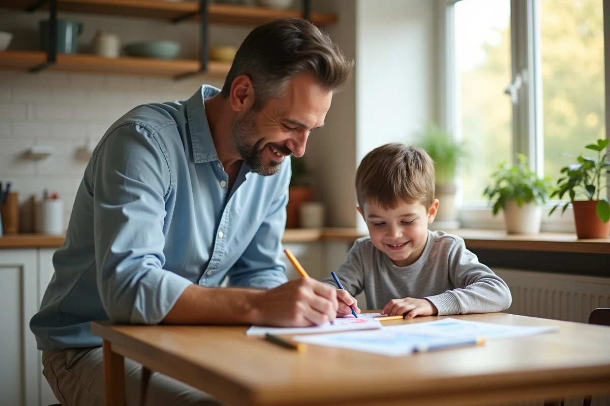 Père et son fils dessinant dans la cuisine lumineuse