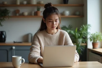 Jeune femme travaillant sur un ordinateur dans la cuisine