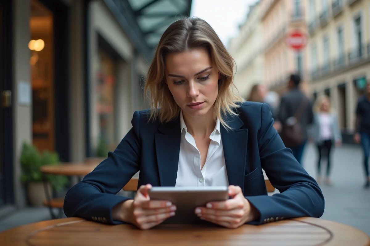 Femme attentive utilisant sa tablette dans un café en ville
