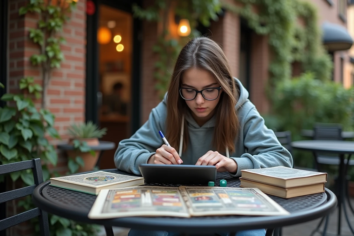 Jeune femme en extérieur prépare un plan de jeu avec tablette