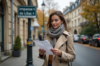 Femme avec trench et carte à Paris quartier calme