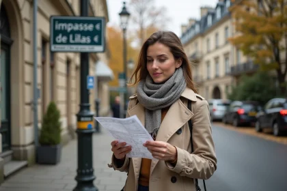 Femme avec trench et carte à Paris quartier calme