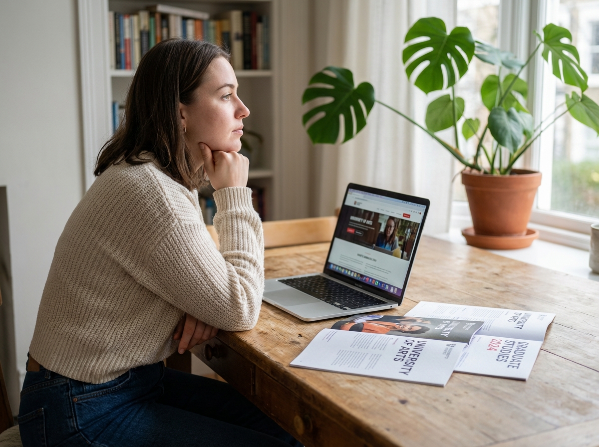 Jeune femme pensante dans une cuisine moderne avec ordinateur