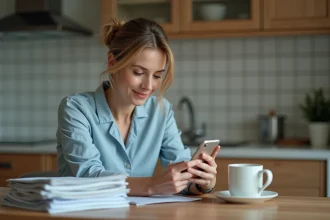 Femme d'âge moyen regarde son smartphone dans la cuisine