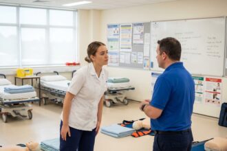 Jeune femme en formation transfert patient en classe