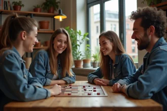 Groupe d'amis jouant à un jeu de société dans un appartement cosy