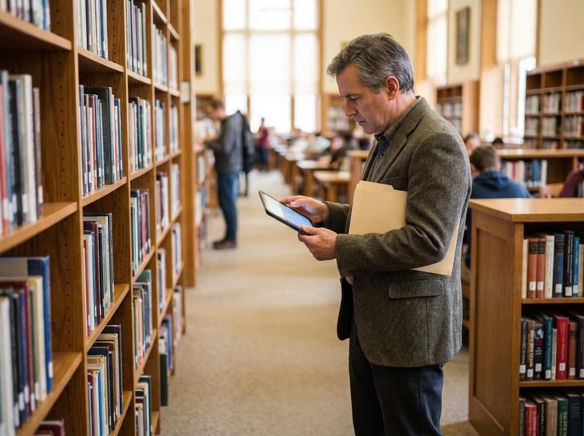 Homme d age en bibliothèque avec tablette et dossier
