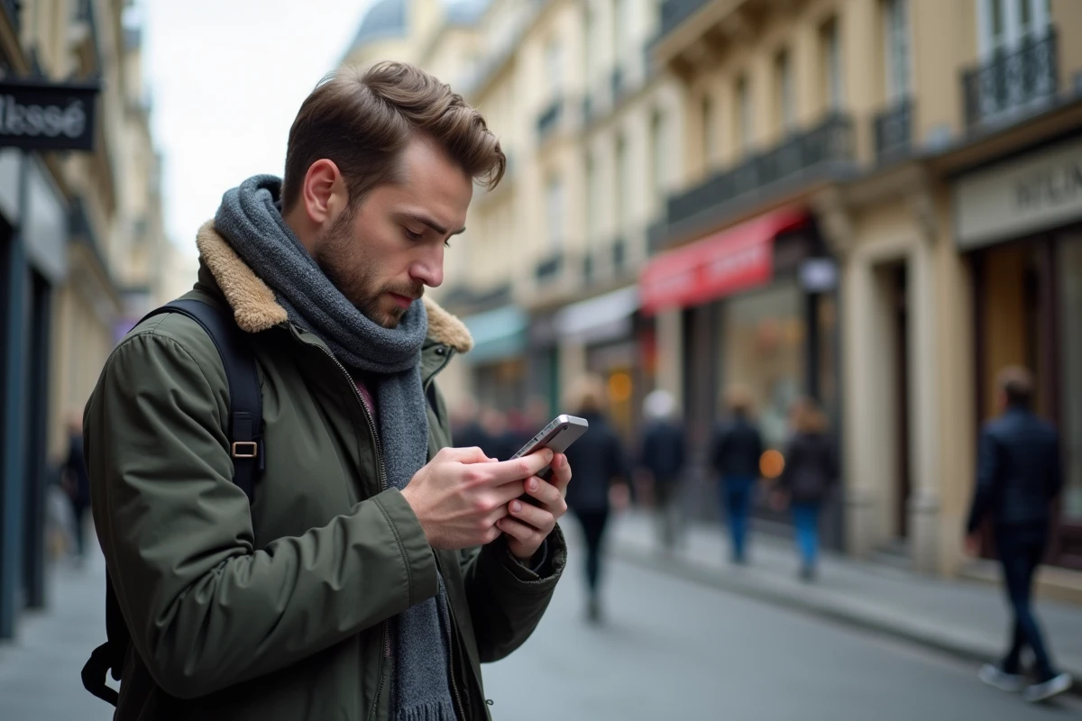 Homme utilisant son smartphone dans une rue parisienne