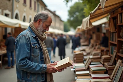 Homme d'âge moyen inspectant des livres anciens en marché vintage