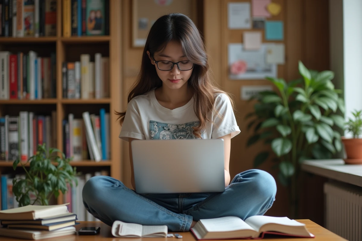 Jeune femme concentrée sur son ordinateur dans un appartement cosy