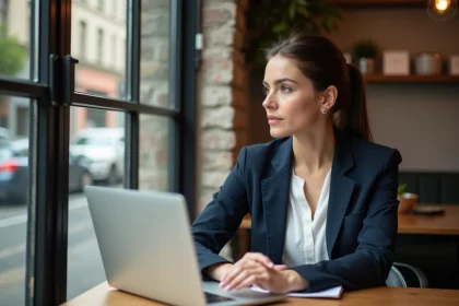 Jeune femme professionnelle dans un café moderne et cosy