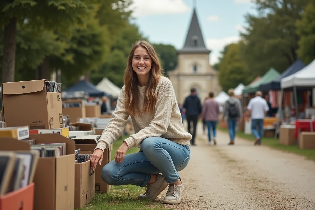 Jeune femme à la brocante avec jouets et disques anciens