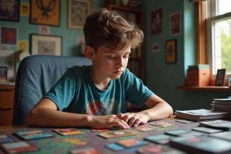 Jeune garçon concentré avec cartes à jouer dans sa chambre