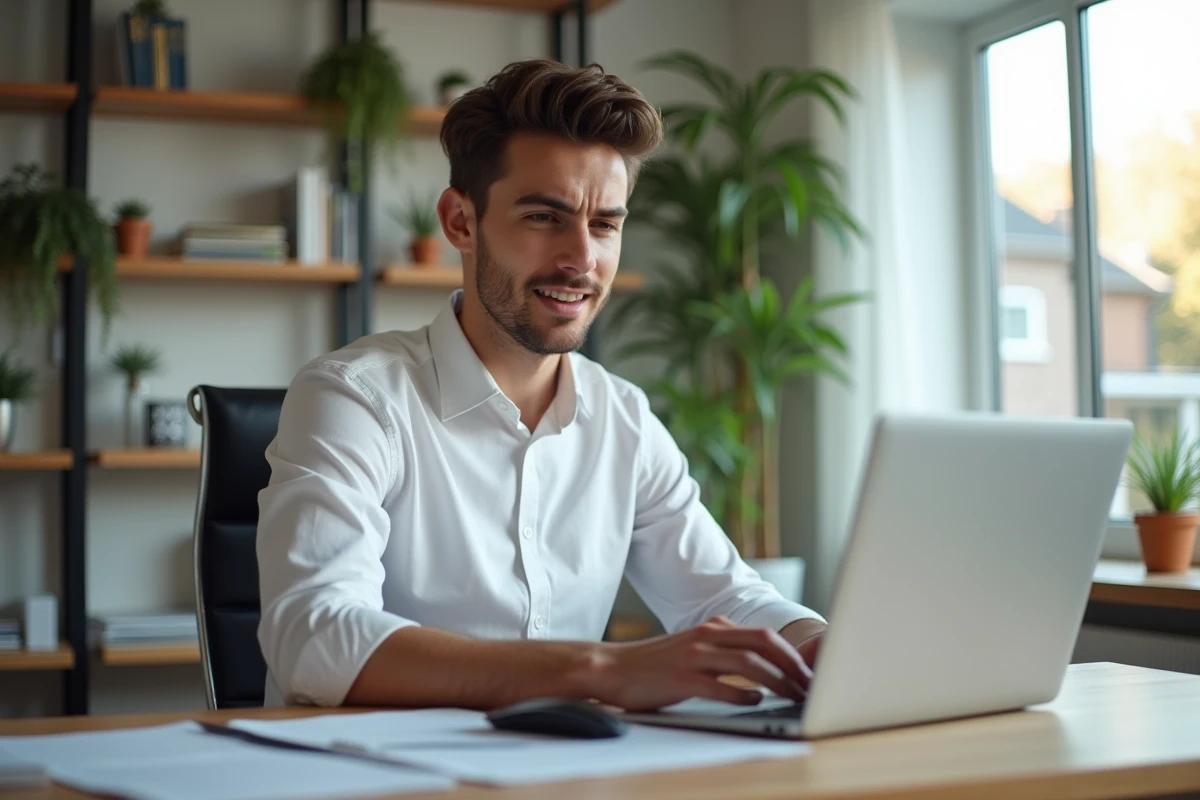 Jeune homme au bureau à domicile tape un numéro de téléphone