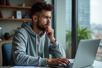 Jeune homme concentré travaillant sur son laptop dans un appartement