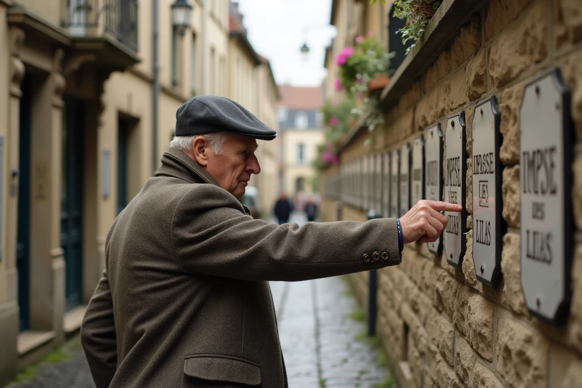 Homme âgé dans une ruelle pavée à la française