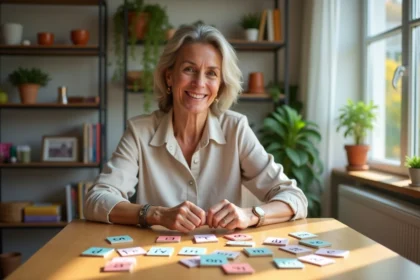 Femme souriante jouant avec des cartes de memoire dans la cuisine