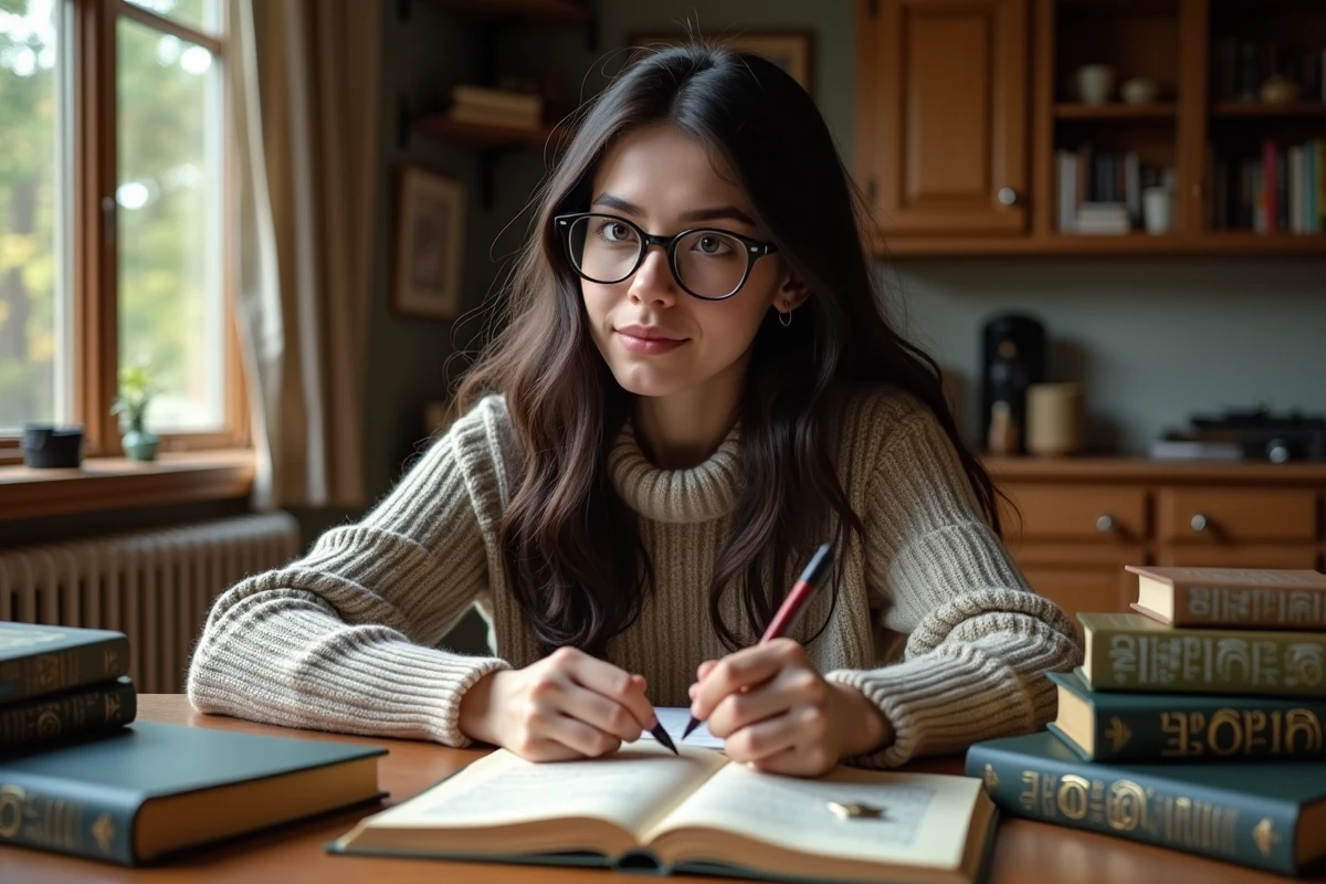 Jeune femme lisant des livres du Seigneur des Anneaux à la maison