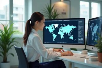 Jeune femme professionnelle regardant une carte du monde interactive