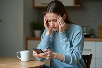 Jeune femme utilisant son téléphone Android à la cuisine