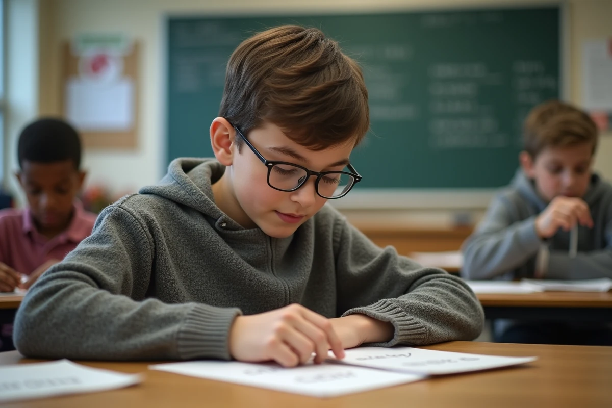 Garçon concentré avec des cartes de vocabulaire en classe