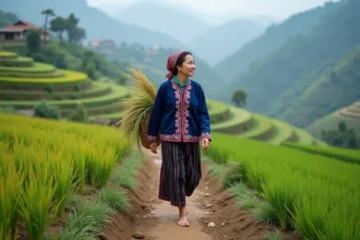Rizières en terrasses à Sapa avec montagnes en arrière-plan
