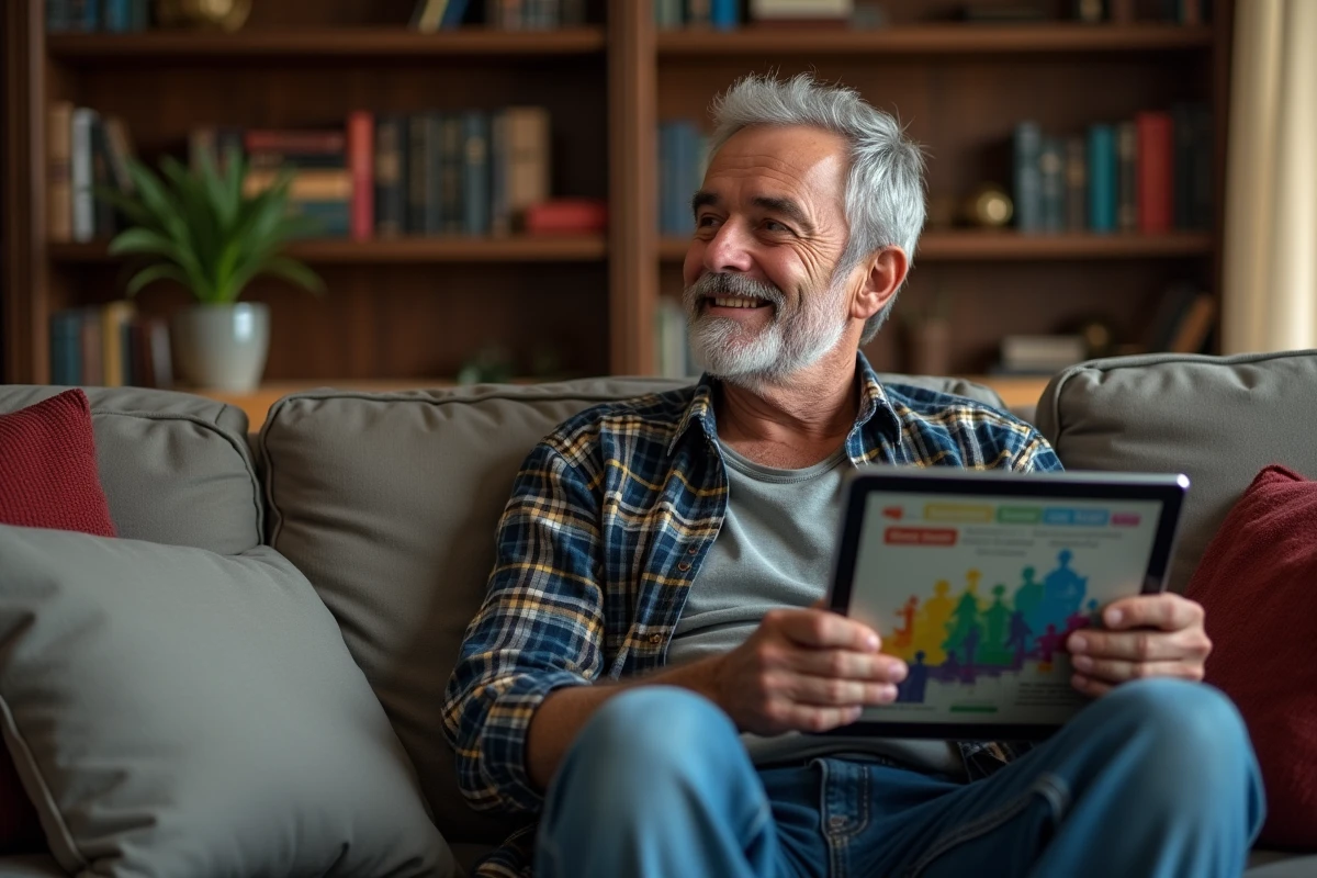 Homme âgé consultant un tableau du Seigneur des Anneaux sur sa tablette